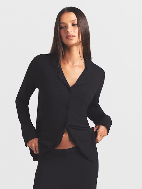 Skims Soft Lounge Collar Sleep Top Women’s Medium Black 9162